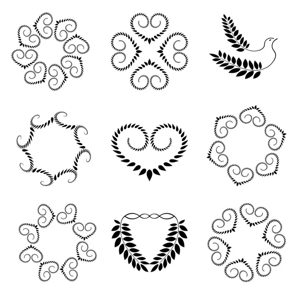 Corona de laurel, juego de tatuajes de corazón. Ruedas, remolinos, señales circulares. Adorno inusual estilizado. San Valentín, cumpleaños, defensa, creencia, gloria, símbolo de amor. Vector — Archivo Imágenes Vectoriales