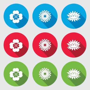 Flower set. Camomile, Chamomile, forget-me-not, lily, water-lily. Floral symbol. Round red, green, blue flat icons with long shadow. Vector isolated.