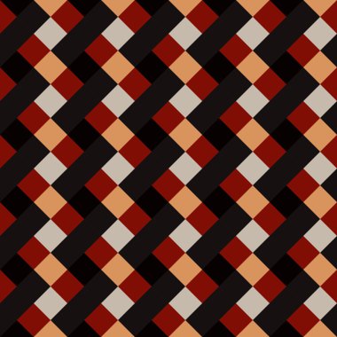 Seamless geometrik kontrol modeli. Çapraz kare, örgü, dokuma satır arkaplanı. Patchwork, rhombus, sendeleyerek doku. Kahverengi, kırmızı, beyaz, gri, çikolata, kahve renkli. Vektör