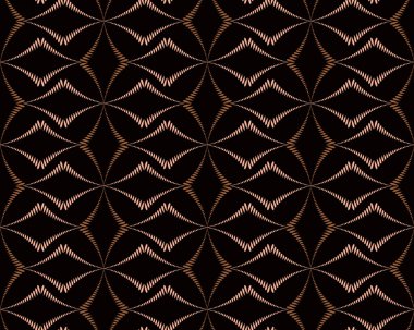 Seamless geometric abstract pattern. Diagonal rhomb shaped, braiding figure texture. Unusual rhombus bands, lines on dark background. Brown contrast color. Vector