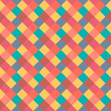 Seamless geometric pattern. Diagonal square, braiding, woven line background. Strapwork texture in warm, brigth, variegated, baby, festival, clown, holiday colors. Rhomb figure texture. Vector