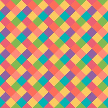 Seamless geometric pattern. Diagonal square, braiding, woven line background. Strapwork texture in warm, brigth, variegated, kitsch, festival, clown, holiday colors. Rhomb figure texture. Vector