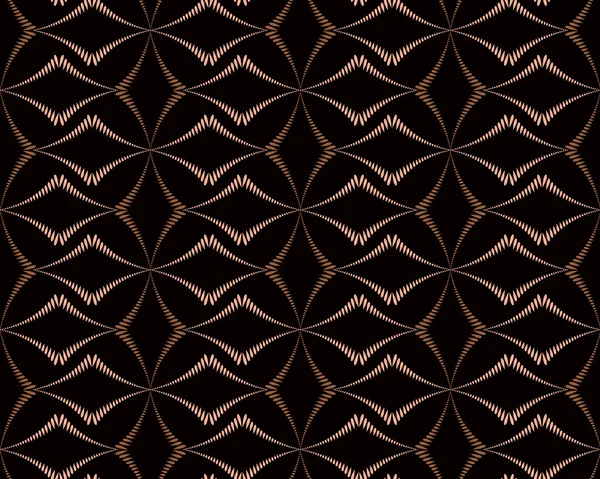 Seamless geometric abstract pattern. Diagonal rhomb shaped, braiding figure texture. Unusual rhombus bands, lines on dark background. Brown contrast color. Vector