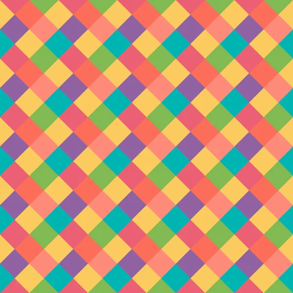 Seamless geometric pattern. Diagonal square, braiding, woven line background. Strapwork texture in warm, brigth, variegated, kitsch, festival, clown, holiday colors. Rhomb figure texture. Vector