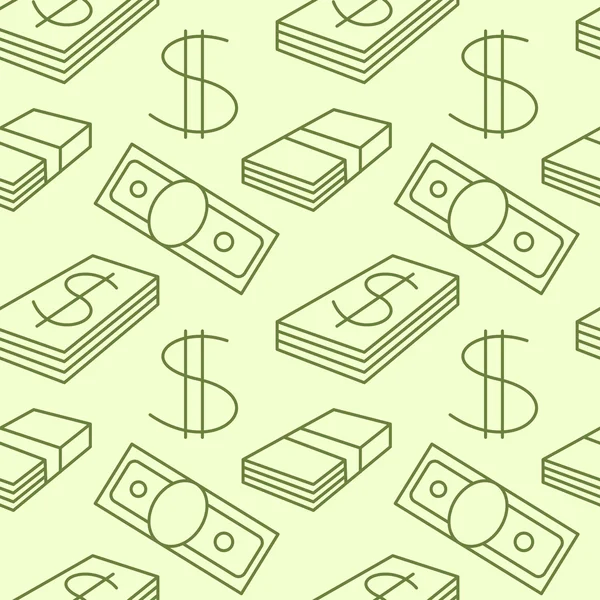 Currency seamless pattern. Dollar sign texture with USD paper money symbols. Dark objects on light background. Green colored. Vector — 图库矢量图片