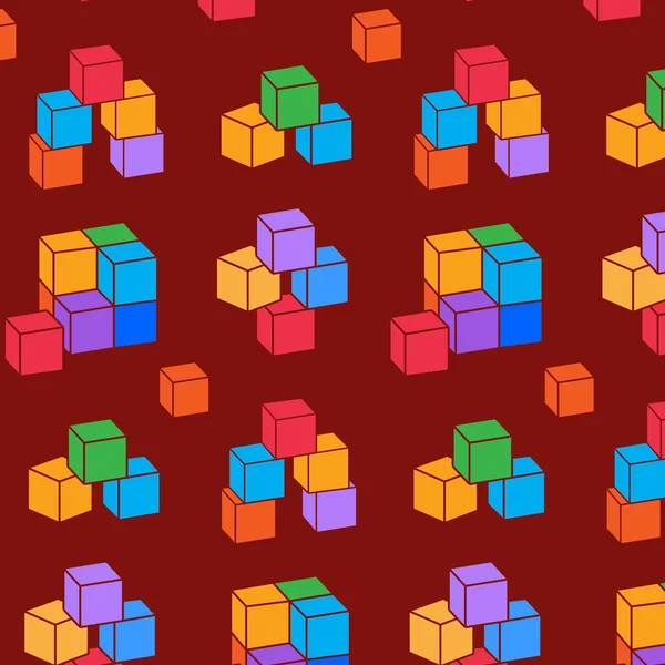 Seamless pattern with cubes. Perspective view colored geometric symbols on red-brown background. Vector isolated. — 스톡 벡터