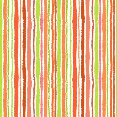 Seamless strip pattern. Vertical lines with torn paper effect. Shred edge background. Summer, warm, green, olive, orange, red, white, tropical colors. Vector illustration