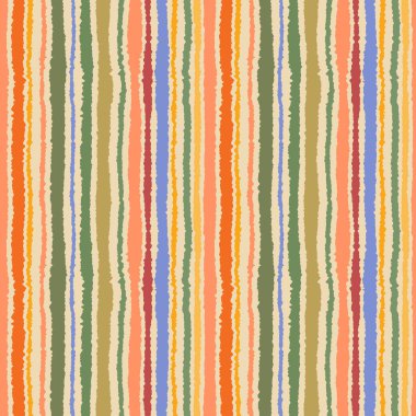Seamless strip pattern. Vertical lines with torn paper effect. Shred edge background. Summer, warm, yellow, green, olive, orange, tropical colors. Vector illustration