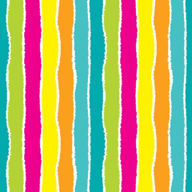 Seamless strip pattern. Vertical lines with torn paper effect. Shred edge background. Summer, warm, yellow, green, olive, orange, blue, magenta, sea, tropical colors. Vector illustration