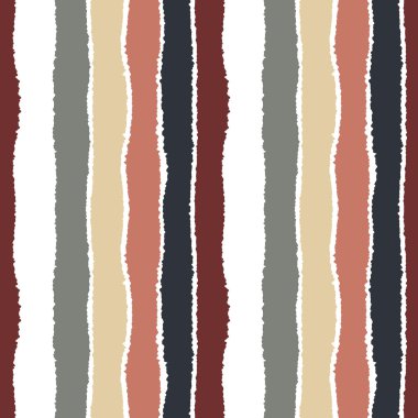 Seamless strip pattern. Vertical lines with torn paper effect. Shred edge background. Cold contrast gray, olive, brown, rose, white colors. Autumn, winter theme. Vector illustration