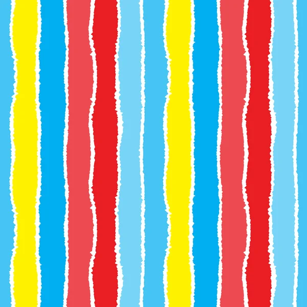 Patrón de tira sin costuras. Líneas verticales con efecto de papel roto. Triturar fondo borde. Verano, cálido, amarillo, rojo, cielo, azul, colores tropicales. Ilustración vectorial — Vector de stock