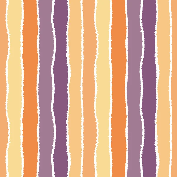 Seamless strip pattern. Vertical lines with torn paper effect. Shred edge background. Summer, warm, lilac, violet, yellow, orange, pastel colors, white colors. Vector — 图库矢量图片