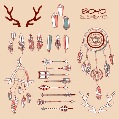 Elle çizilmiş Boho öğeleri kümesi