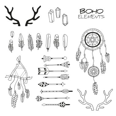 Elle çizilmiş Boho öğeleri kümesi