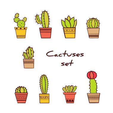Elle çizilmiş kaktüsler ve Succulents tencere set