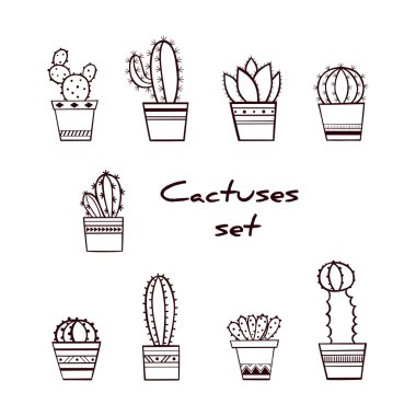 Elle çizilmiş kaktüsler ve Succulents tencere set
