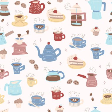 Kahve fincanları, kekler, kahve çekirdekleri vs. ile arka plan. Vektör Çizim El Çizim Biçimi.