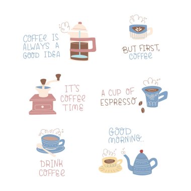 Kahve el, kahve fincanları, kekler ve kahve çekirdekleri karalamalarıyla harf çizmiş..