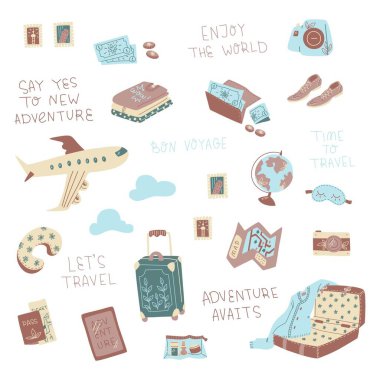 Tatil ve seyahat elementlerinin el çizimi çizimi çizimi.