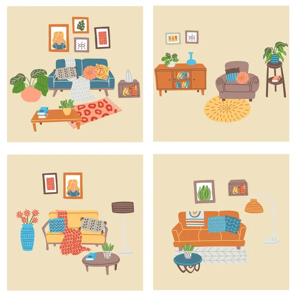 Oturma odası ayarlandı. Doodle vektör illüstrasyonu.