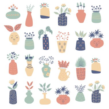 Soyut farklı vazoların toplanması. El çizimi resimleme beyaz arkaplanda izole edildi.