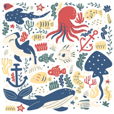 Ahtapot, balina, çeşitli balık ve bitkilerle güzel bir illüstrasyon..