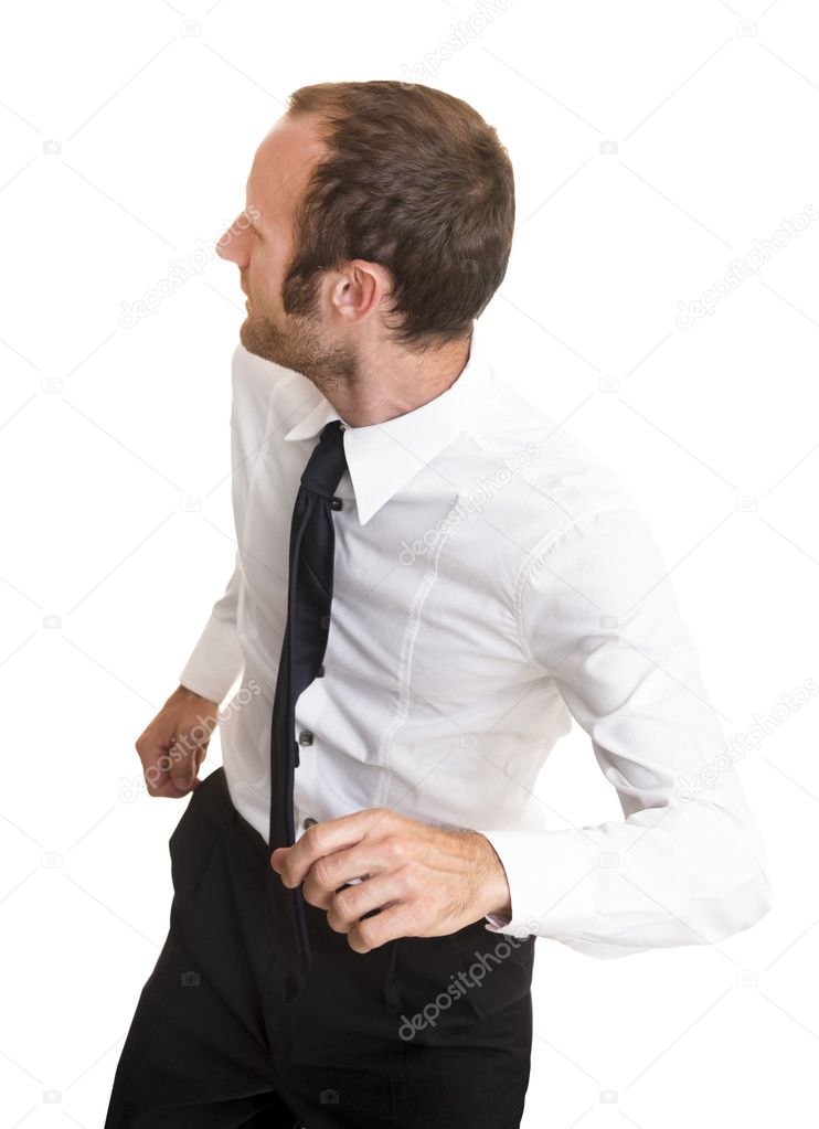 Businessman in action running on white
