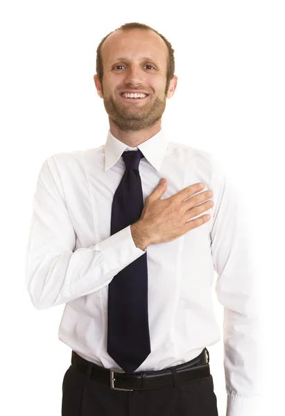 Счастливый бизнесмен с концептуальным жестом — стоковое фото