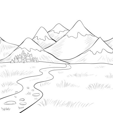 A cute nature landscape with mountines image for relaxing activity.Line art style illustration for print. clipart