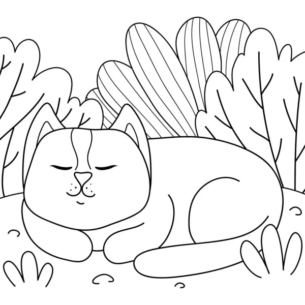Мила Мультяшна Спляча Кішка Фоні Природи Розслаблюючої Діяльності Ілюстрація Стилю — стоковий вектор