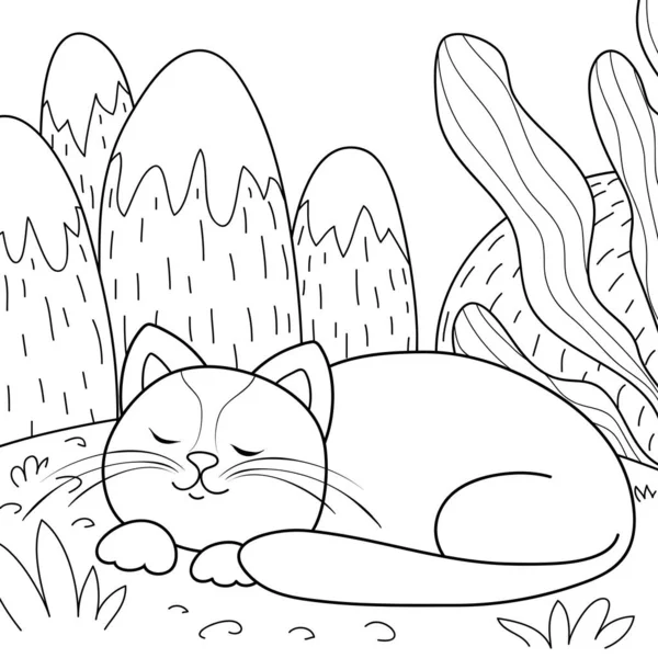 一只可爱的卡通睡猫在大自然的背景图像上 以放松自己的活动 线条艺术风格图解 — 图库矢量图片