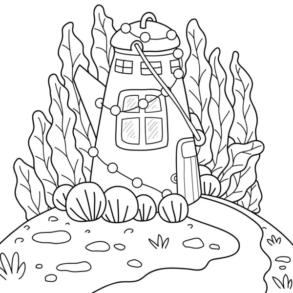 Roztomilý Kreslený Dům Stromy Keři Obrázek Pro Relaxační Aktivity Line — Stockový vektor