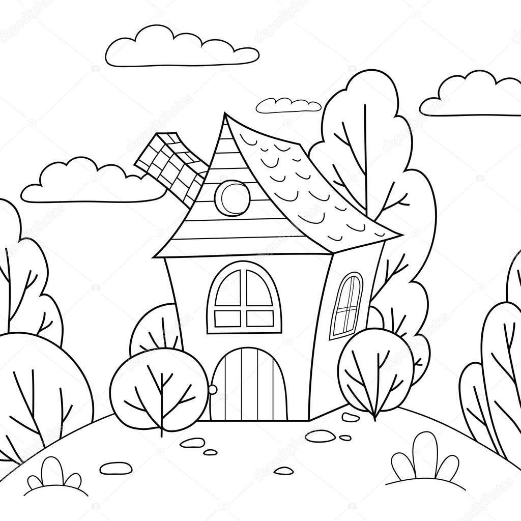 A cute cartoon house with trees and bushes image for relaxing activity.Line art style illustration for print.