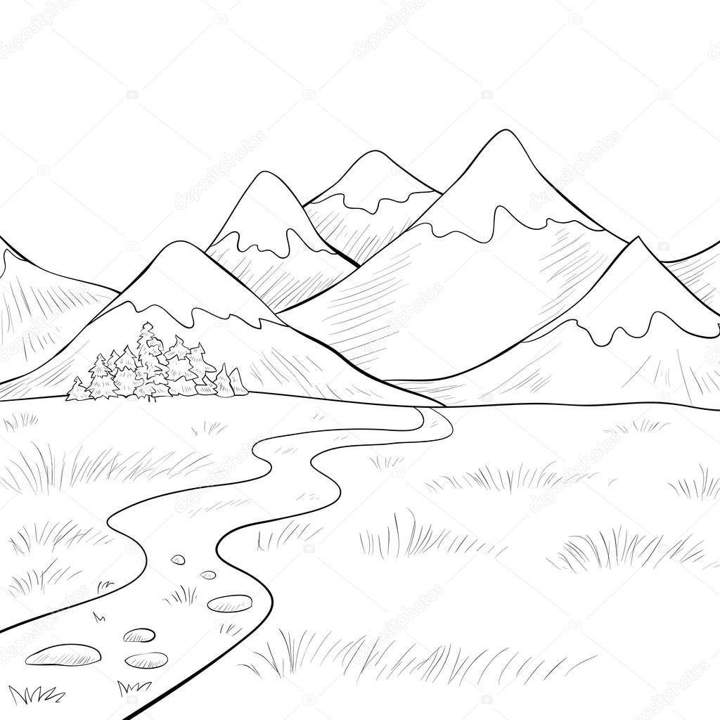 A cute nature landscape with mountines image for relaxing activity.Line art style illustration for print.