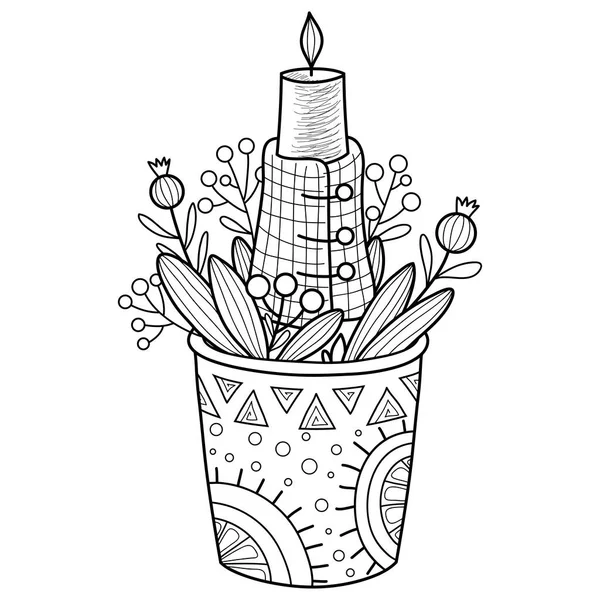 Une Bougie Noël Dans Vase Avec Des Feuilles Des Baies — Image vectorielle