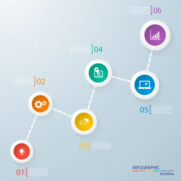 Modelo de linha do tempo de infográficos modernos com círculos coloridos realistas para 6 passos e ícones. Pode ser usado para layout de fluxo de trabalho, diagrama, opções de número, opções de passo, web design, infográficos, apresentações . — Vetor de Stock