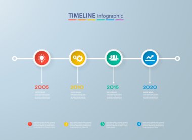 4 adımlar ve simgeler için gerçekçi renkli daireler ile Infographics zaman çizelgesi şablonu. İş akışı düzeni, diyagram, numarası seçenekleri için kullanılabilir, adım seçenekleri, web tasarım, infographics, sunumlar.