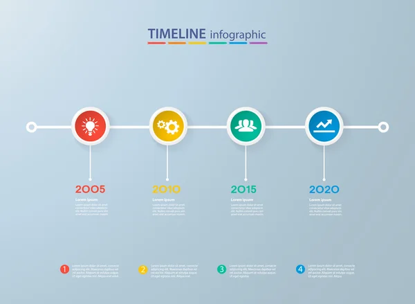 Templat garis waktu infografis dengan lingkaran berwarna-warni yang realistis untuk 4 langkah dan ikon. Dapat digunakan untuk tata letak alur kerja, diagram, opsi bilangan, pilihan langkah ke atas, desain web, infografis, presentasi - Stok Vektor