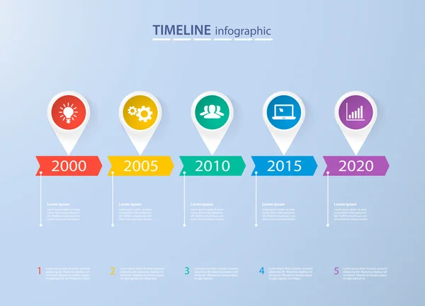 Modèle de timeline infographie avec des cercles colorés réalistes pour 5 étapes et icônes. Peut être utilisé pour la mise en page du flux de travail, le diagramme, les options de nombre, les options de renforcement, la conception Web, l'infographie, les présentations — Image vectorielle