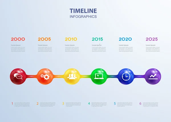 Modèle de timeline infographie avec des sphères colorées réalistes pour 6 étapes et icônes. Peut être utilisé pour la mise en page du flux de travail, le diagramme, les options de nombre, les options de renforcement, la conception Web, l'infographie, les présentations — Image vectorielle