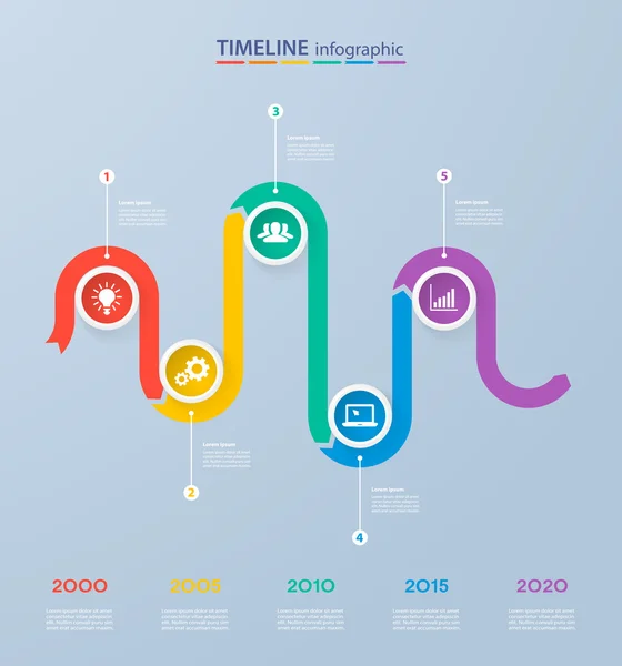 Plantilla de línea de tiempo de infografías con círculos coloridos realistas para 5 pasos e iconos. Se puede utilizar para el diseño del flujo de trabajo, diagrama, opciones de número, opciones de intensificación, diseño web, infografías, presentaciones — Vector de stock