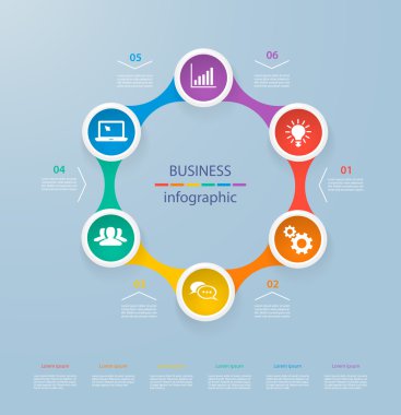 Infographics timeline template with realistic colorful circles for 6 steps and icons. Can be used for workflow layout, diagram, number options, step up options, web design, infographics, presentations clipart