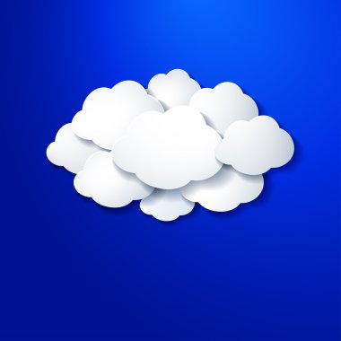 Mavi arka plan üzerinde soyut beyaz kağıt bulutlar. Vektör eps 10 illüstrasyon.