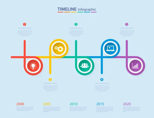 Modèle de timeline infographie avec des cercles colorés réalistes pour 5 étapes et icônes. Peut être utilisé pour la mise en page du flux de travail, le diagramme, les options de nombre, les options de renforcement, la conception Web, l'infographie, les présentations — Image vectorielle