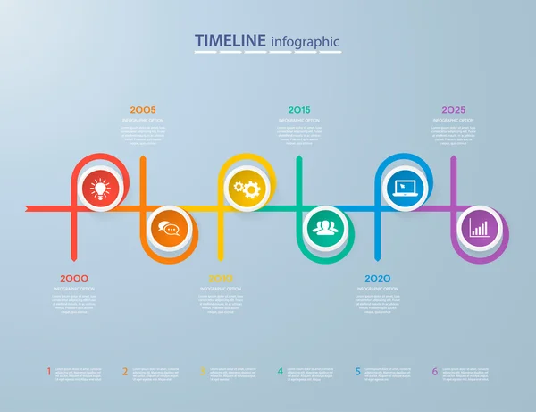 Modelo de linha do tempo de infográficos com círculos coloridos realistas para 6 passos e ícones. Pode ser usado para layout de fluxo de trabalho, diagrama, opções de número, opções de passo, web design, infográficos, apresentações — Vetor de Stock