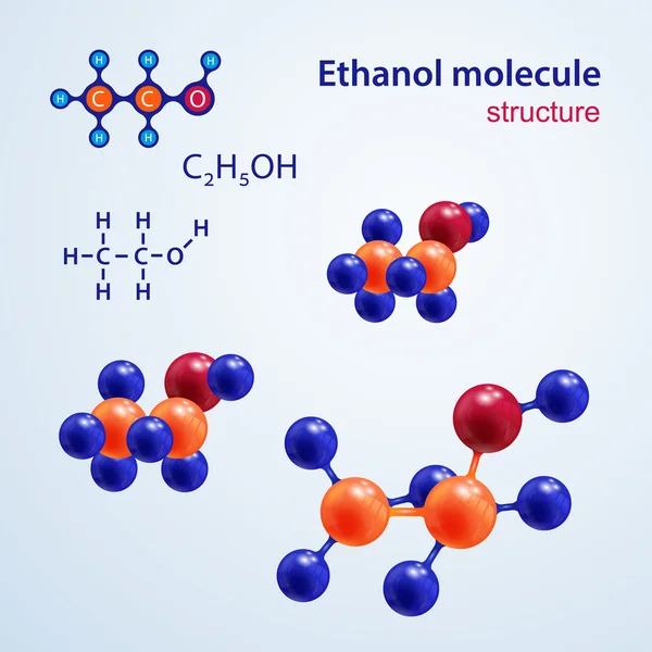 Cząsteczka etanolu-chemiczna formuła strukturalna i model, wektor 2D i 3D na jasnym tle. C2h5oh — Wektor stockowy