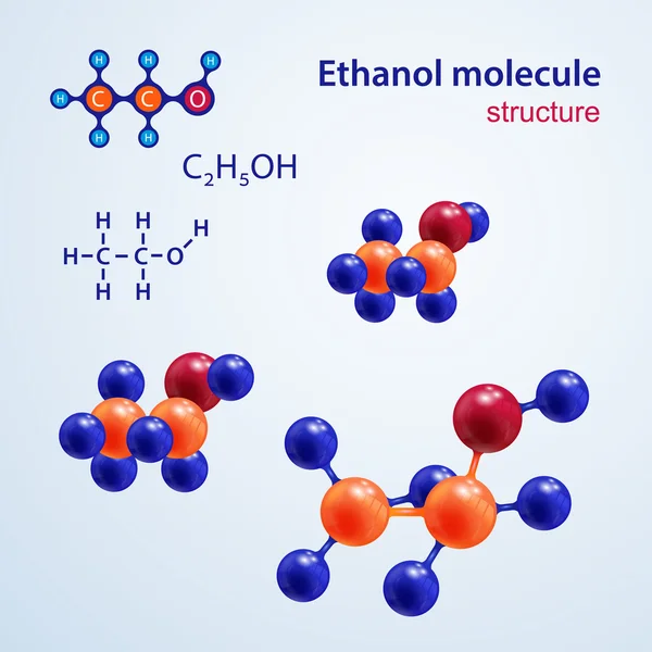 Molecola di etanolo formula strutturale chimica e modello, vettore 2d e 3d su fondo chiaro. C2H5OH — Vettoriale Stock