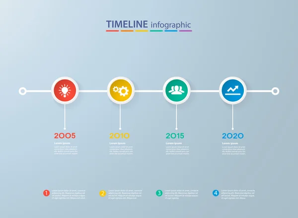 Modèle de timeline infographie avec des cercles colorés réalistes pour 6 étapes et icônes. Peut être utilisé pour la mise en page du flux de travail, le diagramme, les options de nombre, les options de renforcement, la conception Web, l'infographie, les présentations — Image vectorielle