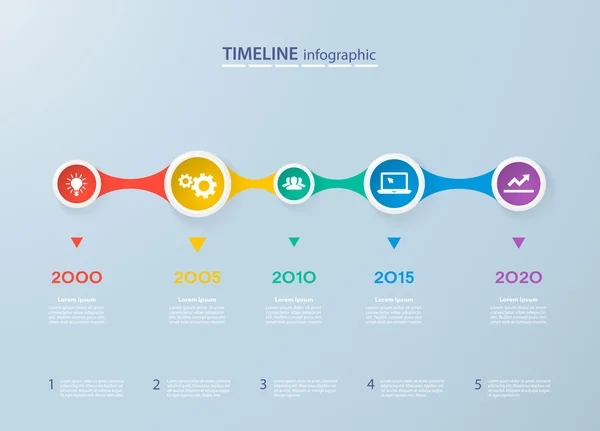 Modèle de timeline infographie avec des cercles colorés réalistes pour 6 étapes et icônes. Peut être utilisé pour la mise en page du flux de travail, le diagramme, les options de nombre, les options de renforcement, la conception Web, l'infographie, les présentations — Image vectorielle