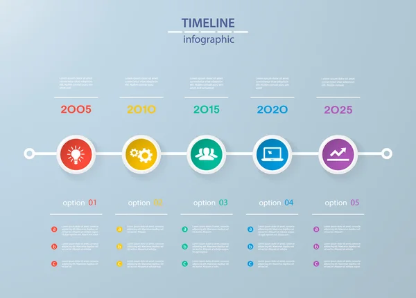 Modelo de linha do tempo de infográficos com círculos coloridos realistas para 5 passos e ícones. Pode ser usado para layout de fluxo de trabalho, diagrama, opções de número, opções de passo, web design, infográficos, apresentações . — Vetor de Stock